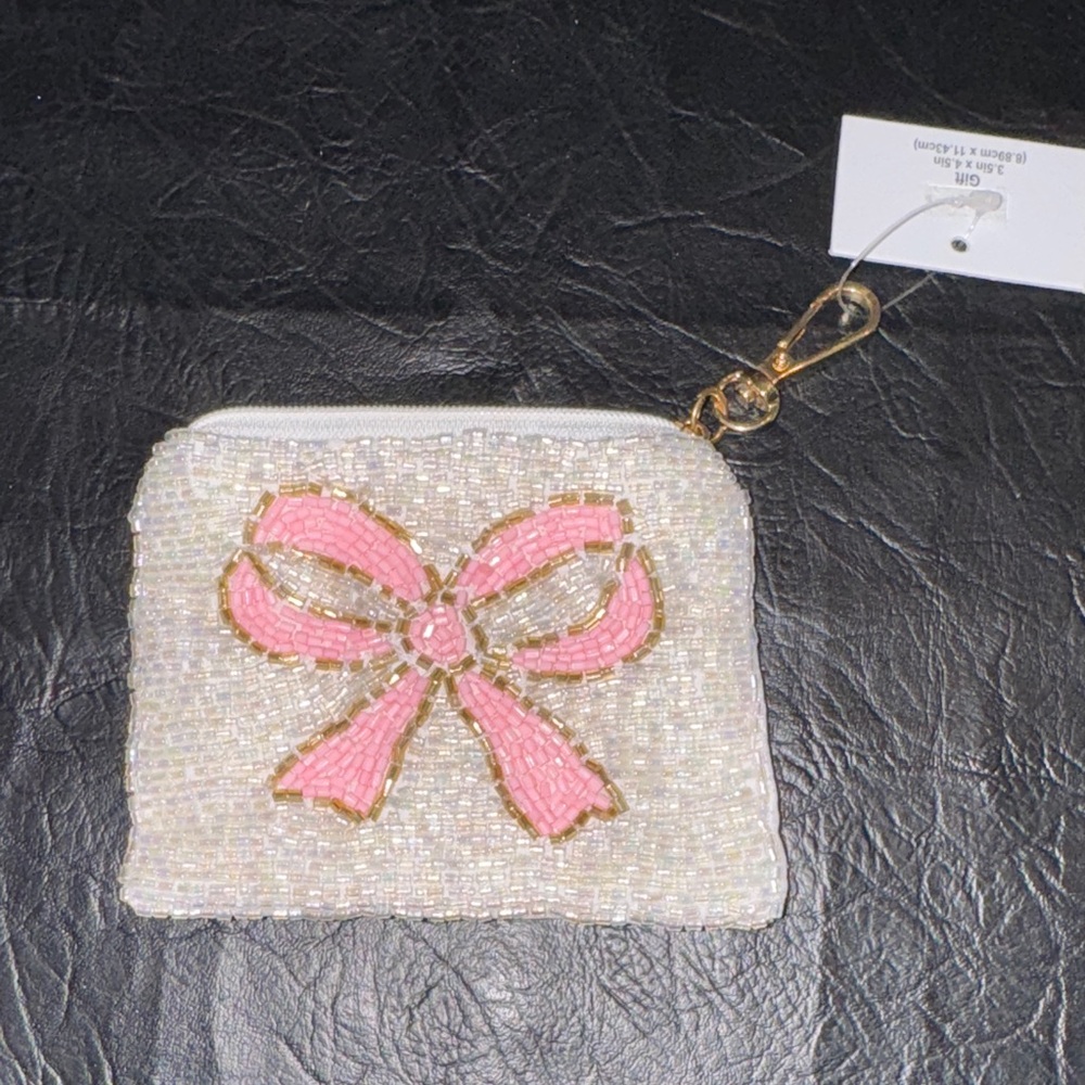 Chic Beaded Coin/Card Holder with Pink Bow, NEW, Sequins 🎀